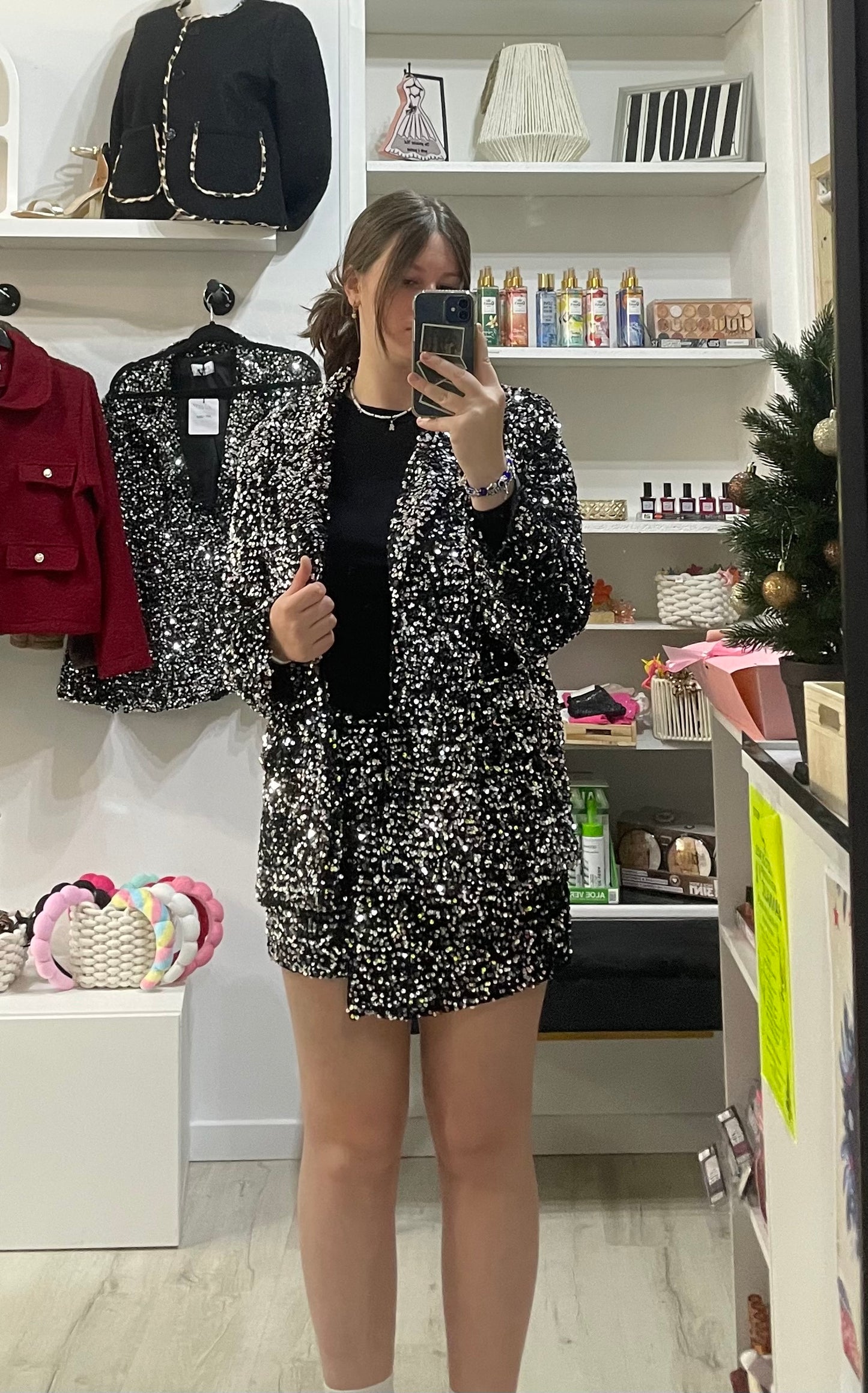 Jupe short velours paillettes argenté