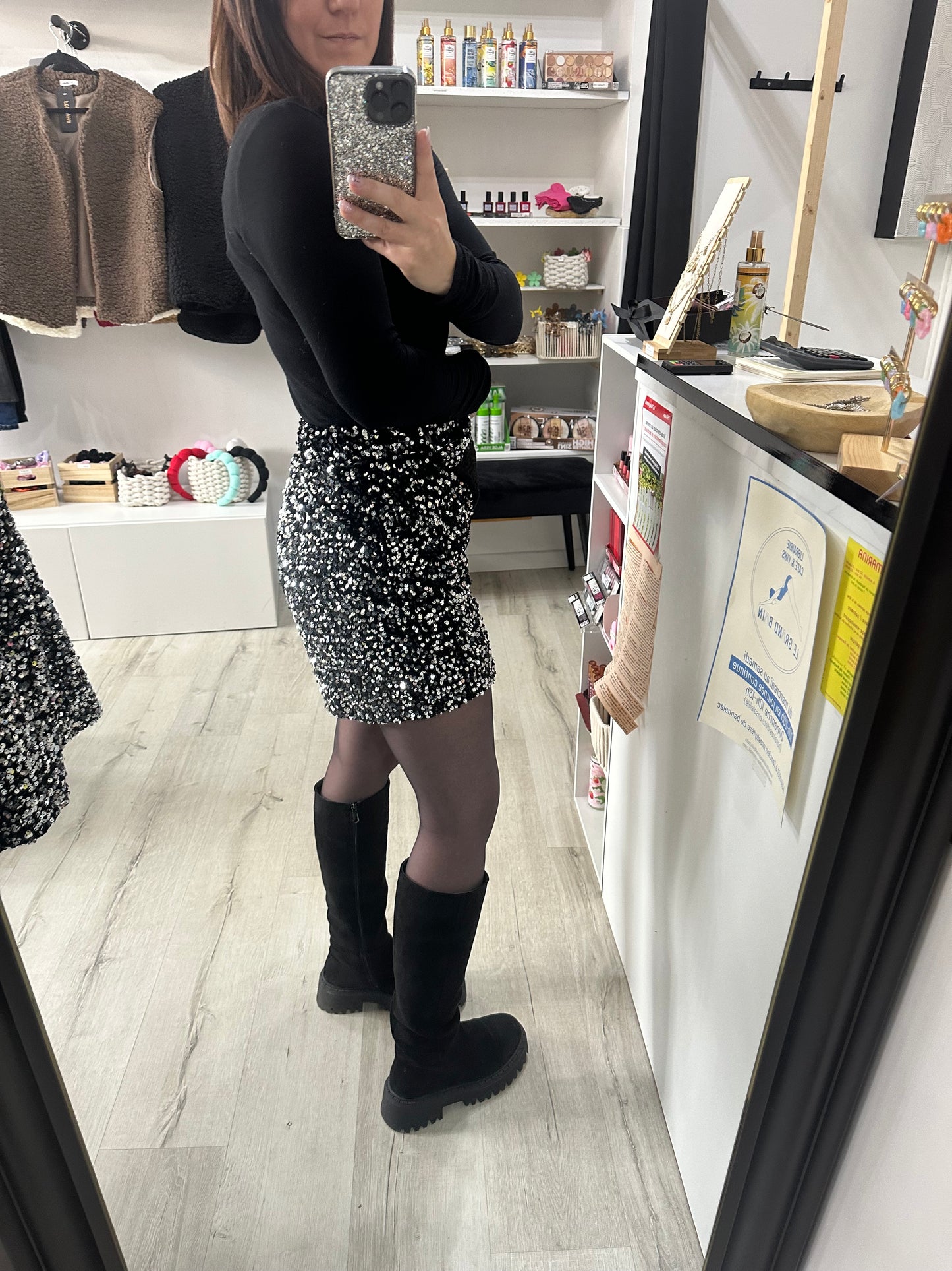 Jupe short velours paillettes argenté