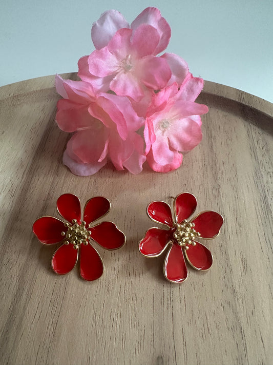 Boucles d'oreilles six pétales rouge