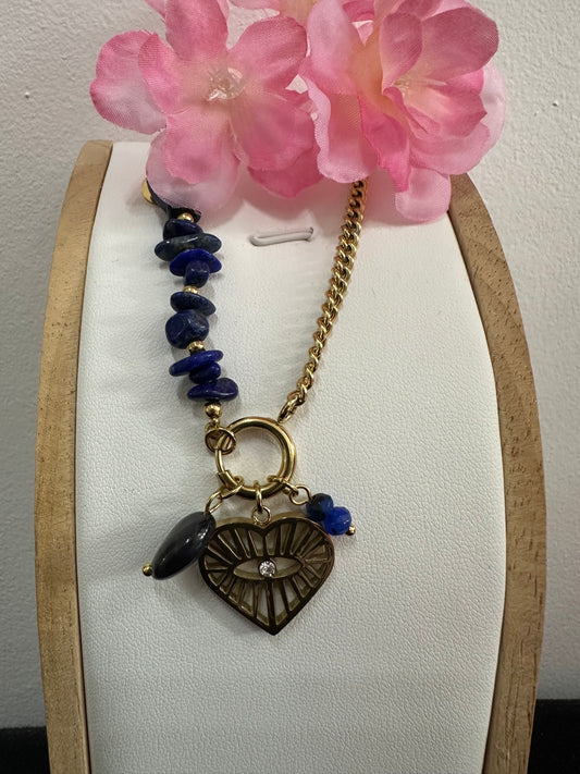 Collier coeur perles bleu