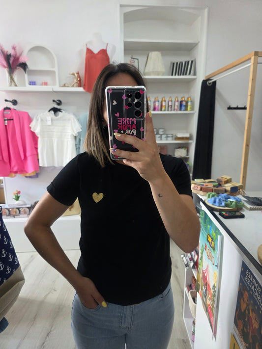 T shirt Rosa noir coeur doré